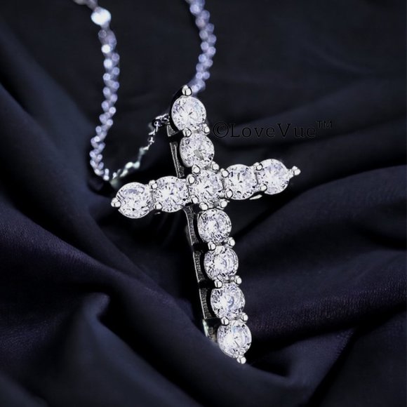 4mm Diamond Brilliant Cut Cross Pendant Necklace - Picture 7 of 17